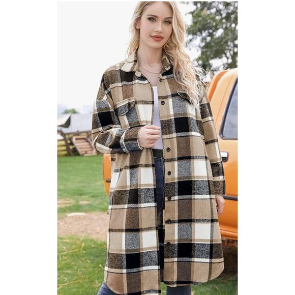 Plaid Shacket Button Wool Blend Long Tartan Trench Coat with Pockets SIZE SMALL - Picture 2 of 6